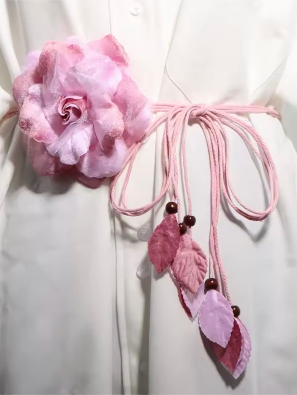 Pink Floral Rope Belt with Leaf Tassels